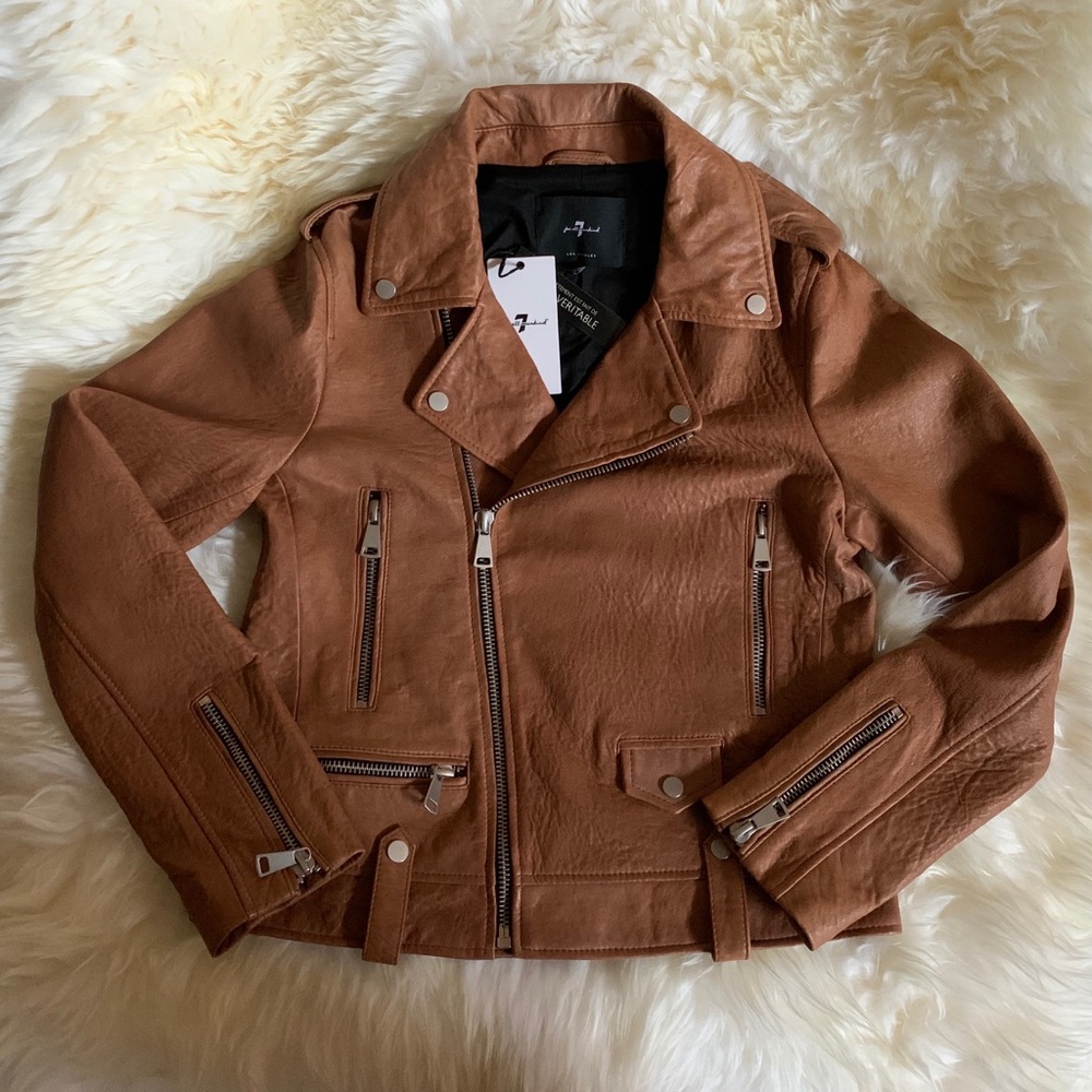 7 For All Mankind Brown Leather Moto Jacket - Picture 4 of 8